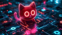 Glowing neon cat with red eyes on digital circuit board background, representing cybersecurity or tech concept in futuristic style.