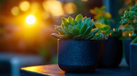 Succulent plant in black ceramic pot against warm sunset bokeh background, creating cozy home atmosphere with natural golden light and decorative greenery.