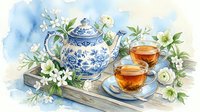 Watercolor tea set with blue and white porcelain teapot, two glass cups on wooden tray, surrounded by white jasmine flowers.