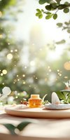 Organic honey jar with stone mortar on wooden tray against dreamy bokeh forest background, ideal for natural wellness products.