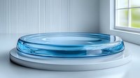 Circular blue liquid surface on white pedestal creates dynamic ripple effect near window, showcasing fluid motion and transparency in minimalist setting.