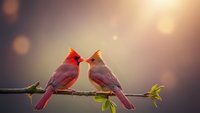Two red cardinal birds perched on branch with green leaves against warm golden sunlight background with soft bokeh effects for nature designs.