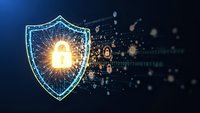 Digital cybersecurity shield with glowing padlock icon protecting against cyber threats and data breaches in network security concept.