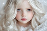 Portrait of young child with platinum blonde curly hair and striking blue eyes against soft white background, wearing delicate lace collar.