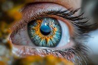 Extreme macro photography of human eye with vibrant turquoise iris and golden sunburst pattern around pupil, showing intricate details of eyelashes and eye structure.