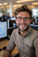 Young professional male with glasses and styled curly hair smiling warmly in modern office environment. Wearing patterned casual shirt, representing workplace positivity and success.