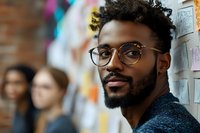 Young professional with glasses and beard looking thoughtfully at camera against colorful office wall with sticky notes, representing modern workplace creativity.