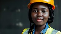 Young African American female construction worker wearing yellow hard hat and safety vest smiles confidently at camera against dark background.