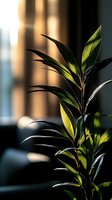 Young plant with vibrant green and yellow leaves backlit by warm golden sunlight, creating striking shadows and silhouettes. Blurred urban background suggests indoor office or home setting. Perfect for wellness, growth, and nature-inspired design projects.