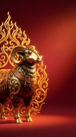Golden ram with ornate decorative patterns surrounded by swirling flames on red gradient background for luxury branding and zodiac designs.