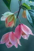 Delicate pink and cream abutilon flowers hanging from slender branch with green leaves against soft teal background. Botanical garden specimen.