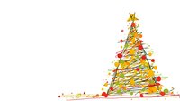 Colorful abstract Christmas tree with scribbled lines and vibrant red, yellow, and green dots, topped with a gold star on white background.