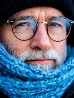 Close-up portrait of smiling senior Caucasian man with gray beard wearing glasses and blue knitted scarf for winter fashion and lifestyle concepts.
