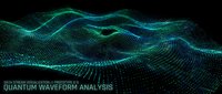 Quantum waveform analysis visualization with flowing data stream particles in cyan and blue tones on dark background, suitable for technology and science presentations.