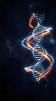 Glowing DNA double helix with orange energy waves on dark cosmic background, representing genetics, biotechnology, and molecular biology.