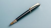 Elegant dark green fountain pen with gold accents on light blue background, luxury writing instrument for business and professional correspondence.