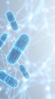 Digital blue capsules floating in futuristic medical technology environment with glowing network connections for pharmaceutical and healthcare concepts.