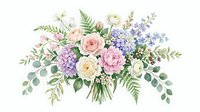 Watercolor floral bouquet with pink roses, purple hydrangeas, white flowers and green eucalyptus leaves isolated on transparent background for wedding designs.