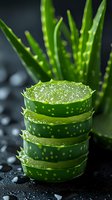 Fresh cut aloe vera plant slices stacked with water drops on dark background, natural organic skincare ingredient for cosmetic and wellness products.