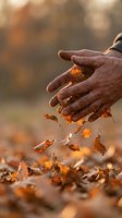 Hands releasing autumn leaves in golden sunlight with warm bokeh background capturing seasonal change and letting go concept.