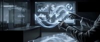 Businessman analyzing financial data with holographic charts and graphs in modern office environment for business analytics and market research presentations.