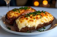 Twice baked potatoes topped with melted cheese and fresh chives on white plate, close up view with soft bokeh background lights creating cozy restaurant atmosphere.