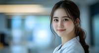 Young Asian female medical professional with gentle smile wearing white coat in hospital corridor with soft bokeh background lighting effect.