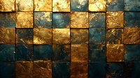 Textured metallic squares in gold and teal create dramatic mosaic pattern with light reflection. Abstract geometric background features rich contrasting colors and luxurious finish.