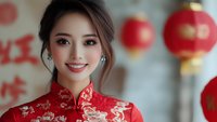 Young Asian woman wearing traditional red qipao dress smiling at camera with Chinese lanterns in background during Lunar New Year celebration.