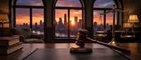 Wooden gavel and scales of justice on desk in law office with city skyline sunset view through arched windows. Legal consultation workspace interior.