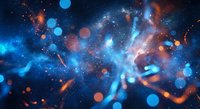 Abstract cosmic space background with glowing particles and nebula clouds in blue and orange colors for science fiction designs.