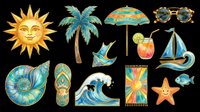 Tropical summer collection with sun face, palm tree, beach umbrella, sunglasses, hammock, sailboat, cocktail, wave, starfish and decorative elements isolated on transparent background. Ready for t-shirt design, clipart, stickers and print-on-demand products.