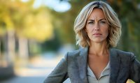 Confident middle-aged Caucasian businesswoman with blonde wavy bob haircut wearing grey blazer, looking determined against blurred outdoor background.