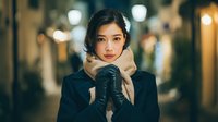 Young Asian woman in black coat and scarf walking on city street at night with warm bokeh lights creating atmospheric urban evening scene.