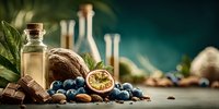 Exotic food composition with coconut, oil bottle, blueberries, passion fruit, chocolate and nuts on dark teal background for wellness concept.