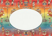Colorful tribal geometric pattern frame with native ornaments, feathers, and ethnic motifs in red, orange, yellow, and teal. Isolated oval banner for design use.
