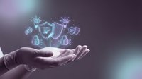 Businessman hands protecting digital security shield with cybersecurity icons and data protection symbols in futuristic technology concept.