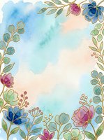 Watercolor floral border frame with gold outline flowers in blue, pink, and green on soft pastel background, copy space for text.