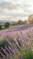 Lavender field in soft focus with purple flowers blooming in countryside landscape during golden hour sunset light creating peaceful agricultural scene.