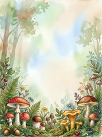 Watercolor forest floor scene with various mushrooms, toadstools, ferns, and wildflowers arranged in natural woodland setting with soft pastel sky background.