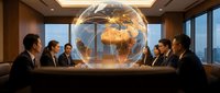 Business professionals in conference room with holographic Earth globe projection displaying global network connections and data visualization.