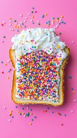 Colorful sprinkles and whipped cream on white bread slice against pink background. Fun food styling concept for party, celebration or childhood treats.
