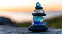 Balanced stack of colorful zen stones against sunset backdrop, symbolizing harmony, meditation, and wellness practices for spa and mindfulness concepts.
