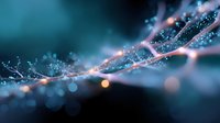 Glowing abstract network of light trails and particles on dark turquoise background with bokeh effect creates futuristic technological atmosphere.
