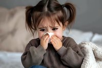 Young girl with pigtails wearing brown sweater blowing nose into tissue while sitting on couch, showing cold and flu symptoms during illness at home.