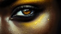 Close-up of African American woman's eye with artistic gold and black makeup, dramatic smokey eyeshadow and metallic accents on dark skin. Professional beauty photography.