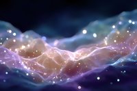 Abstract glowing waves with sparkles and bokeh effects on dark background, featuring soft pink and blue gradient colors creating ethereal atmosphere.