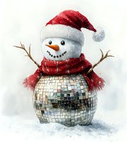 Festive snowman made from disco ball wearing Santa hat and red scarf, with twig arms against snowy background, creating magical holiday atmosphere.