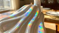 Holographic iridescent fabric with rainbow reflections draped elegantly in sunlit interior space for fashion design and textile applications.