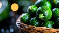 Fresh round green zucchini with water drops in rustic woven basket against dark background with bokeh lights, macro food photography for farm market.
